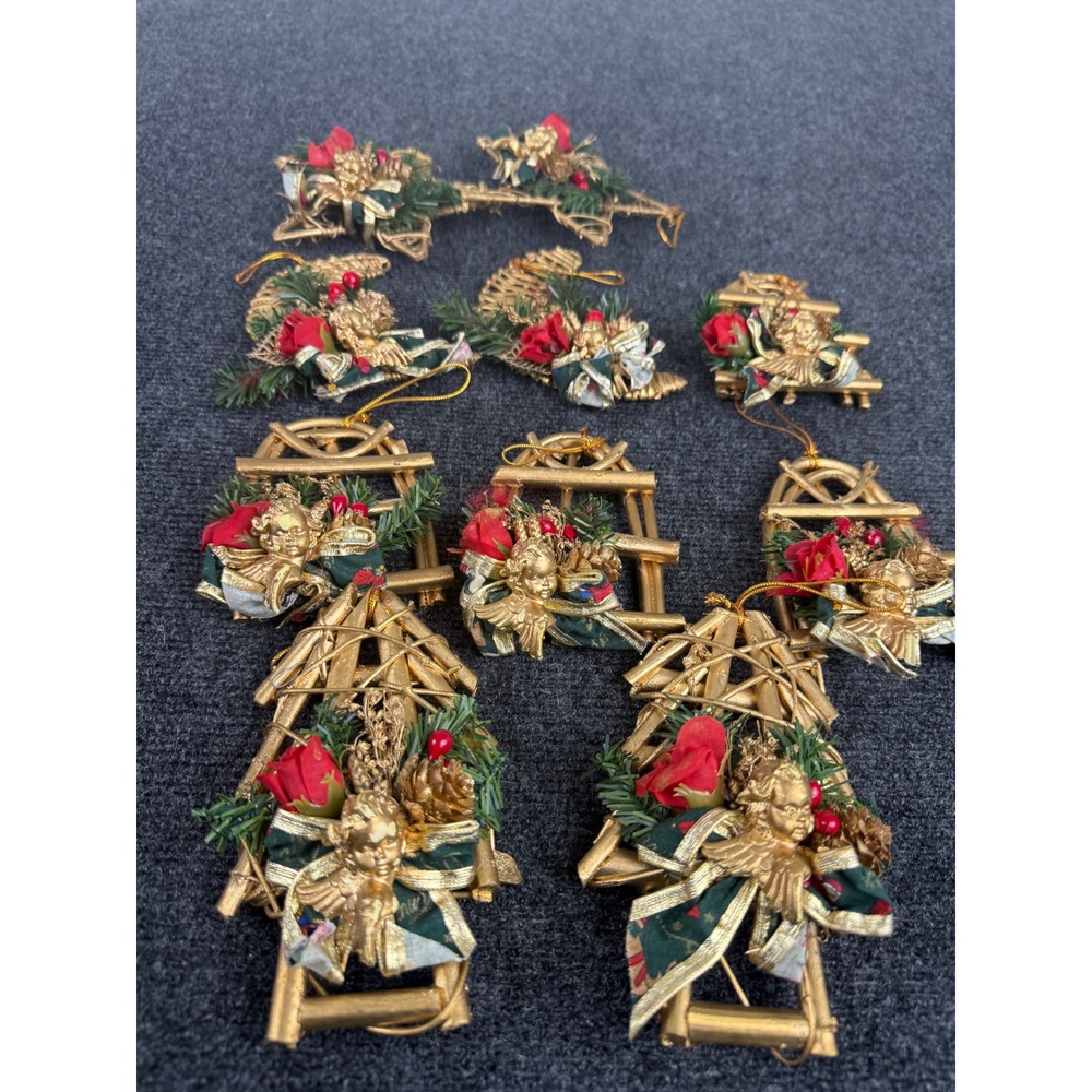 Vintage Gold Cherub Angel Christmas Ornaments Set of 9 Red Rose Floral Star Wood